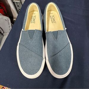 Tom’s Wear Good Dark Indigo Washed Canvas Alpargata Fenix Platform Slip Ons sz 6